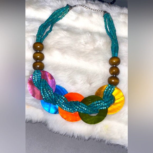 🌺🌸🌼Collar Necklace & Clip Blue Twisted Wood Bead Abalone Disc - Picture 6 of 6
